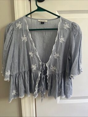 American Eagle Outfitters Blue & White Striped Embroidered Tie-Front Peasant Top
